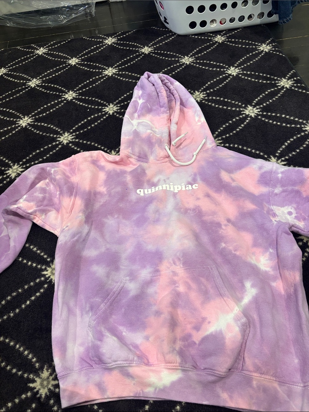 Gildan Purple and Pink Tie-Dye Quinnipiac Hoodie